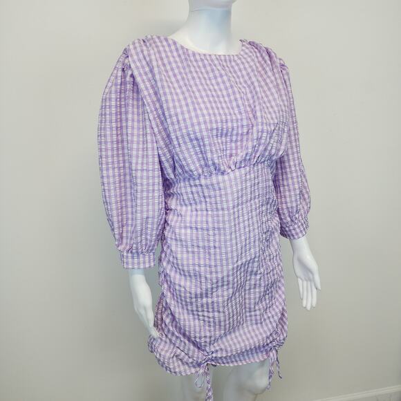 Zara Farmers Daughter Mini Dress Size M Purple Ruched Front Gingham Puff Sleeve - Picture 4 of 16
